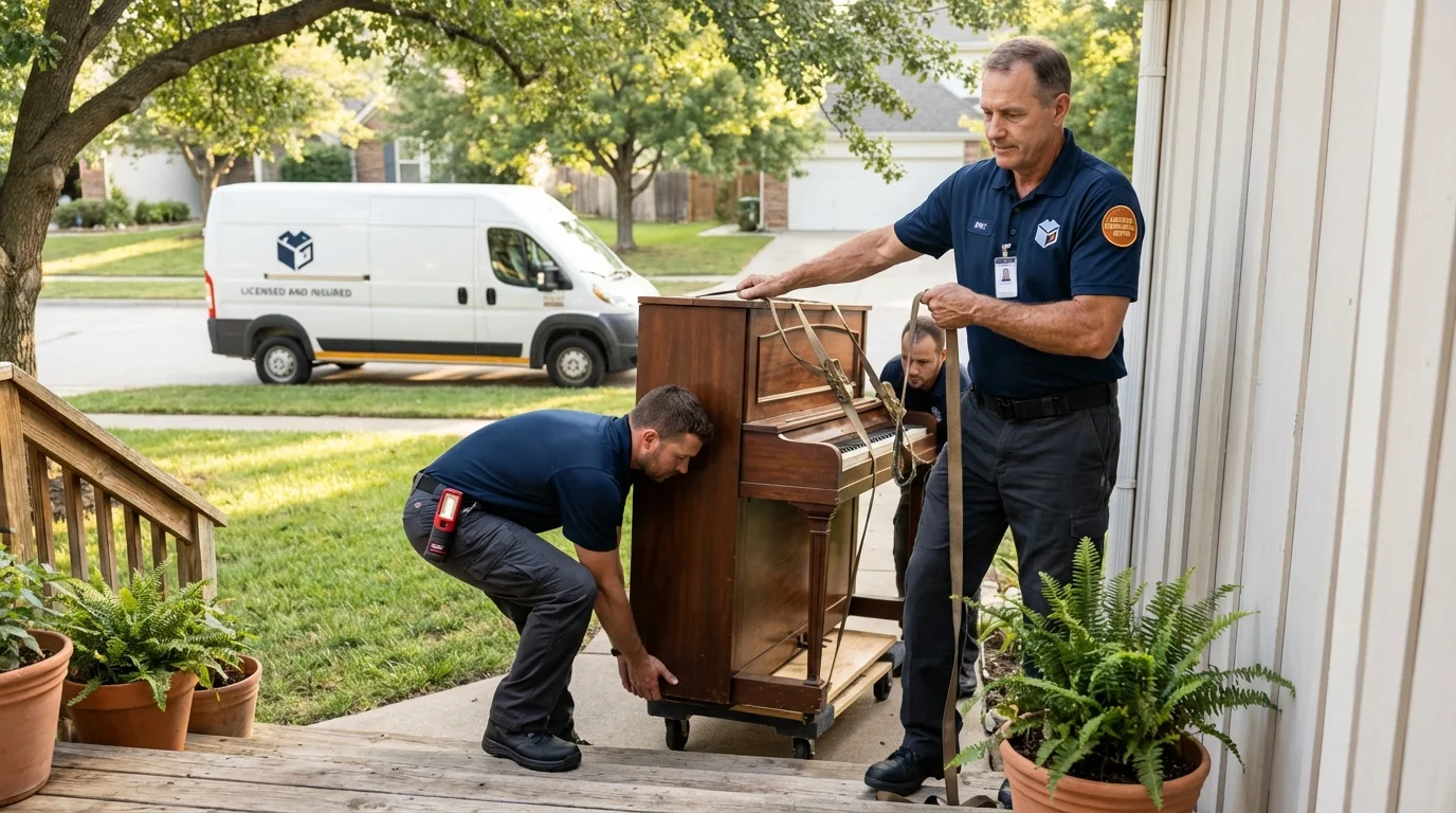 Licensed piano movers securing grand piano in Cleveland, OH