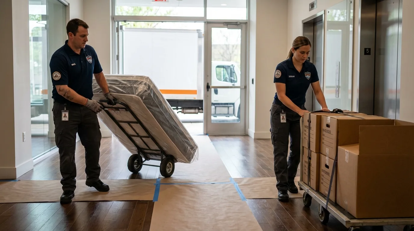 Professional apartment movers loading elevator in Cleveland, OH